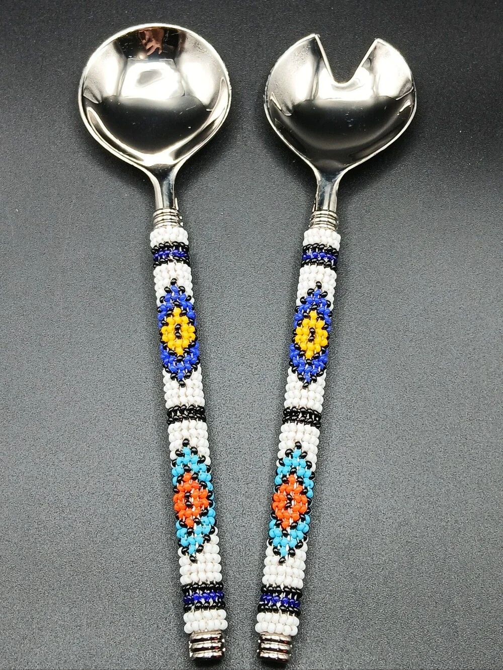 Beaded Aztec Boho Tribal Style Stainless Steel Salad Serving Spoon Utensil Set